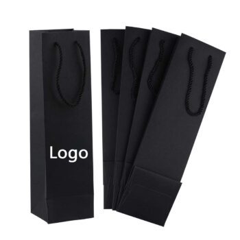 Reusable portable black cardboard paper bag with handle - logo customized, ideal as wine beverage gift bag & black shipping bag