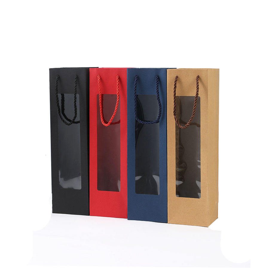 Full color wholesale custom size logo high quality portable gift packaging with window paper bag for wine bottle Full color wholesale custom size logo high quality portable gift packaging with window paper bag for wine bottle