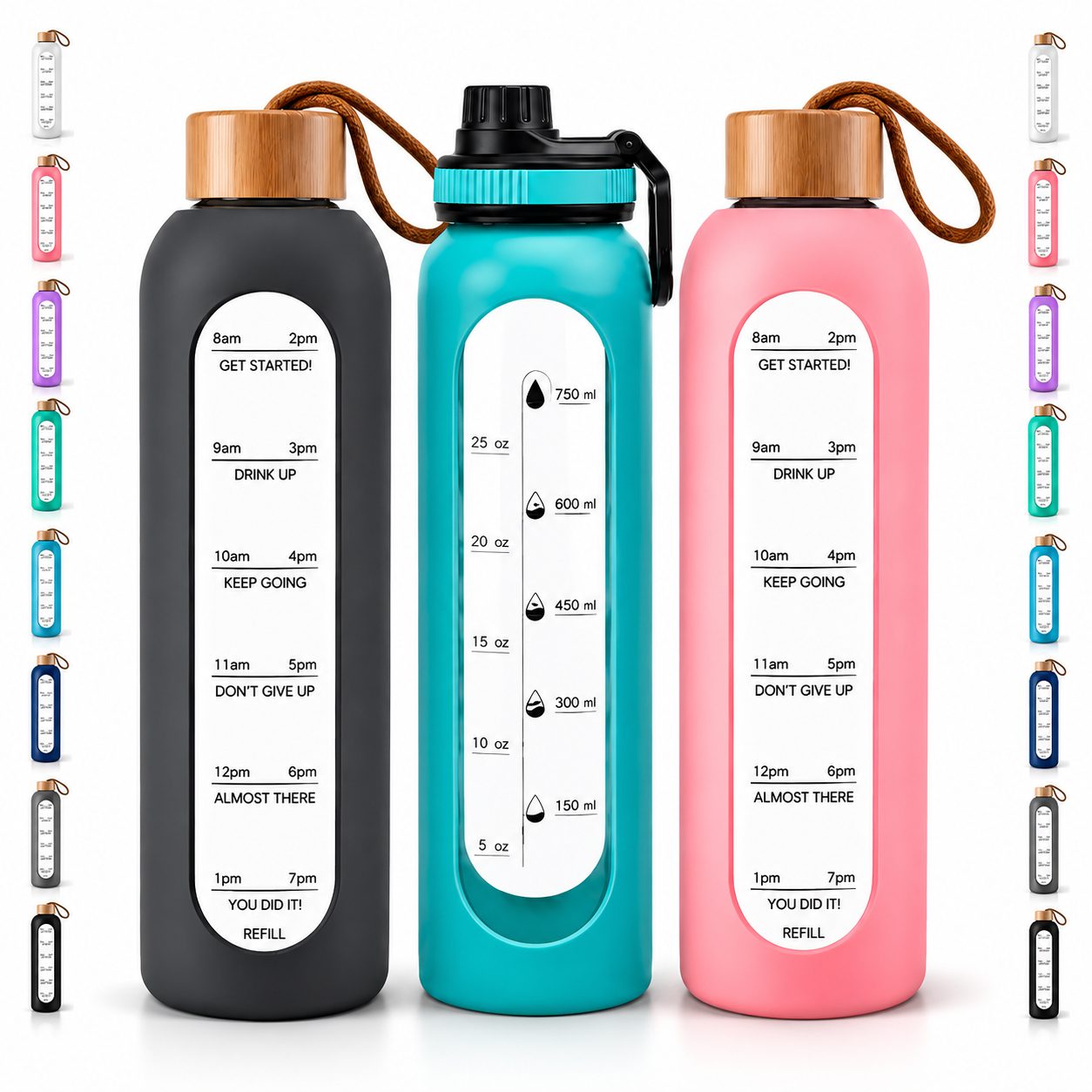 32oz motivational glass water bottle with silicone sleeve bamboo lid 32oz motivational glass water bottle with silicone sleeve bamboo lid
