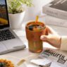 400ml glass tumbler with pu leather sleeve straw 1