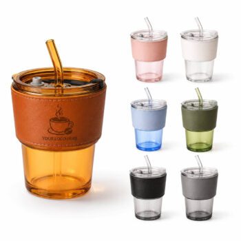 400ml glass tumbler with pu leather sleeve straw