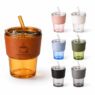400ml glass tumbler with pu leather sleeve straw