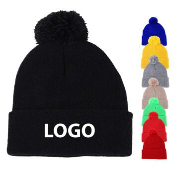 custom embroidered acrylic knit pompom beanie