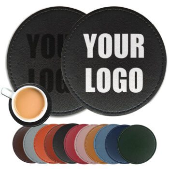 custom logo embossed round pu leather drink coaster