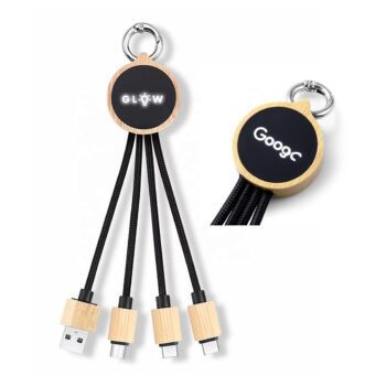 eco friendly bamboo 3 in 1 keychain cable with light up logo