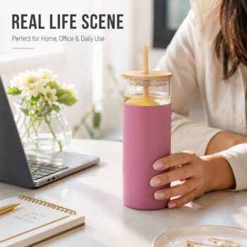 glass tumbler with bamboo lid straw silicone sleeve 1