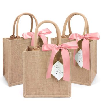 grocery jute tote bag with silk ribbon