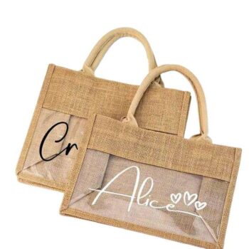 natural burlap jute tote bag with clear pvc window 1