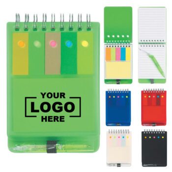 plastic cover spiral notebook with sticky notes and pen