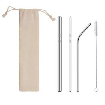 reusable stainless steel metal straw set with canvas bag