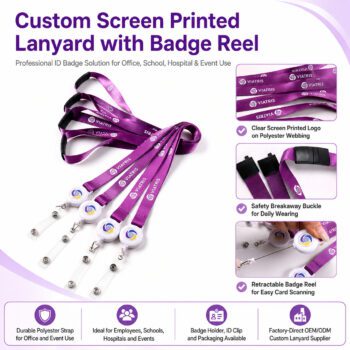 screen printed lanyard with reel breakaway id holder 1