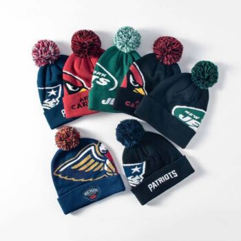 custom cuffed striped jacquard acrylic beanie with pom pom 1