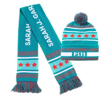 custom jacquard fan scarf and embroidered beanie winter set