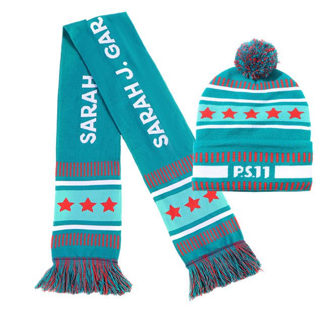 custom jacquard fan scarf and embroidered beanie winter set custom jacquard fan scarf and embroidered beanie winter set