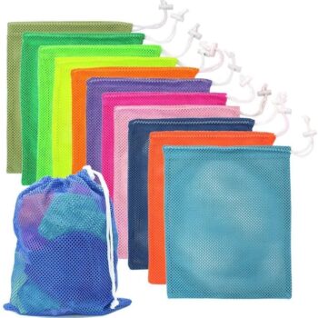 Custom logo packing net bag swimming sports storage red blue color mesh pouch drawstring bags