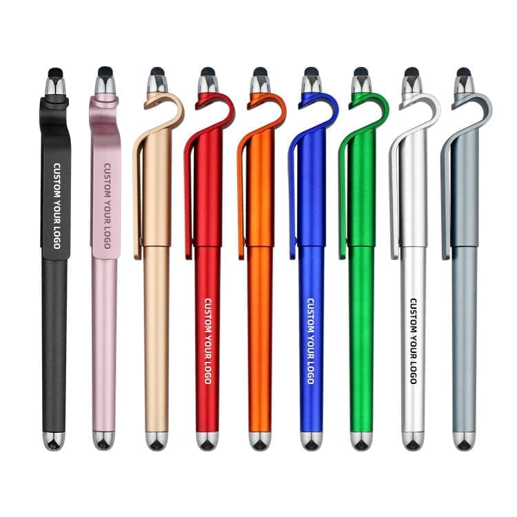 Custom logo plastic multi function mobile phone holder active stylus ball pen for touch screen with gel ink