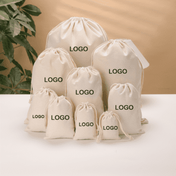 Custom white canvas pouch mini cotton drawstring bag with logo for promotion