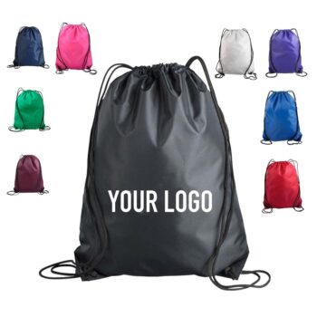 Wholesale custom polyester nylon gift pull string shoe bags bulk hiking sport gym yoga drawstring backpack bag with logo print