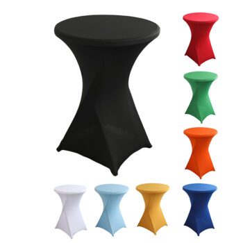 Custom logo stretch black dark spandex high bar cocktail table cloths top covers with skirt style open back 6ft 8ft round